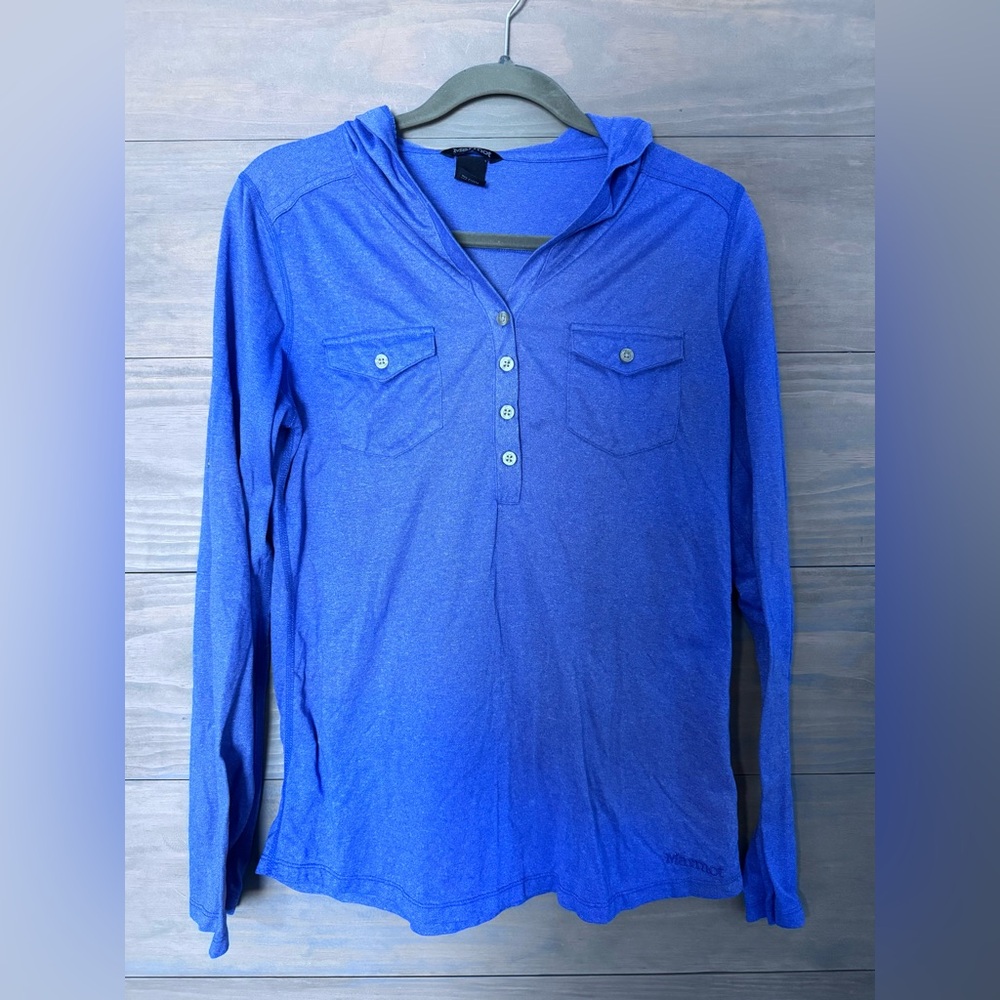 Marmot Women's Long Sleeve Hooded Henley Top in Royal Blue